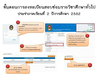 ขั้นตอนการลงทะเบียนสอบซ่อมรายวิชาศึกษาทั่วไป
ประจำภาคเรียนที่ 2 ปีการศึกษา 2562