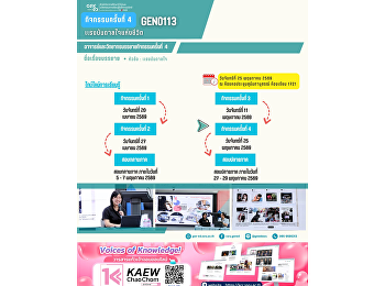 ภาพบรรยากาศการเรียน Gen Ed SSRU
วันจันทร์ที่ 25 พฤษภาคม 2569
ภาคเรียนฤดูร้อน ปีการศึกษา 2568  รายวิชา
GEN0113 แรงบันดาลใจแห่งชีวิต
