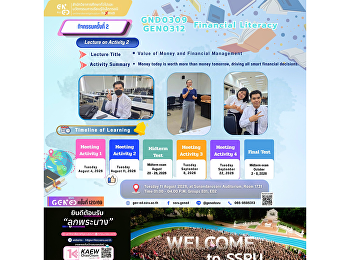 ภาพบรรยากาศการเรียน Gen Ed SSRU
วันอังคารที่ 11 สิงหาคม 2569 ภาคเรียนที่
1 ปีการศึกษา 2569 รายวิชา GND0309 /
GEN0312 Financial Literacy